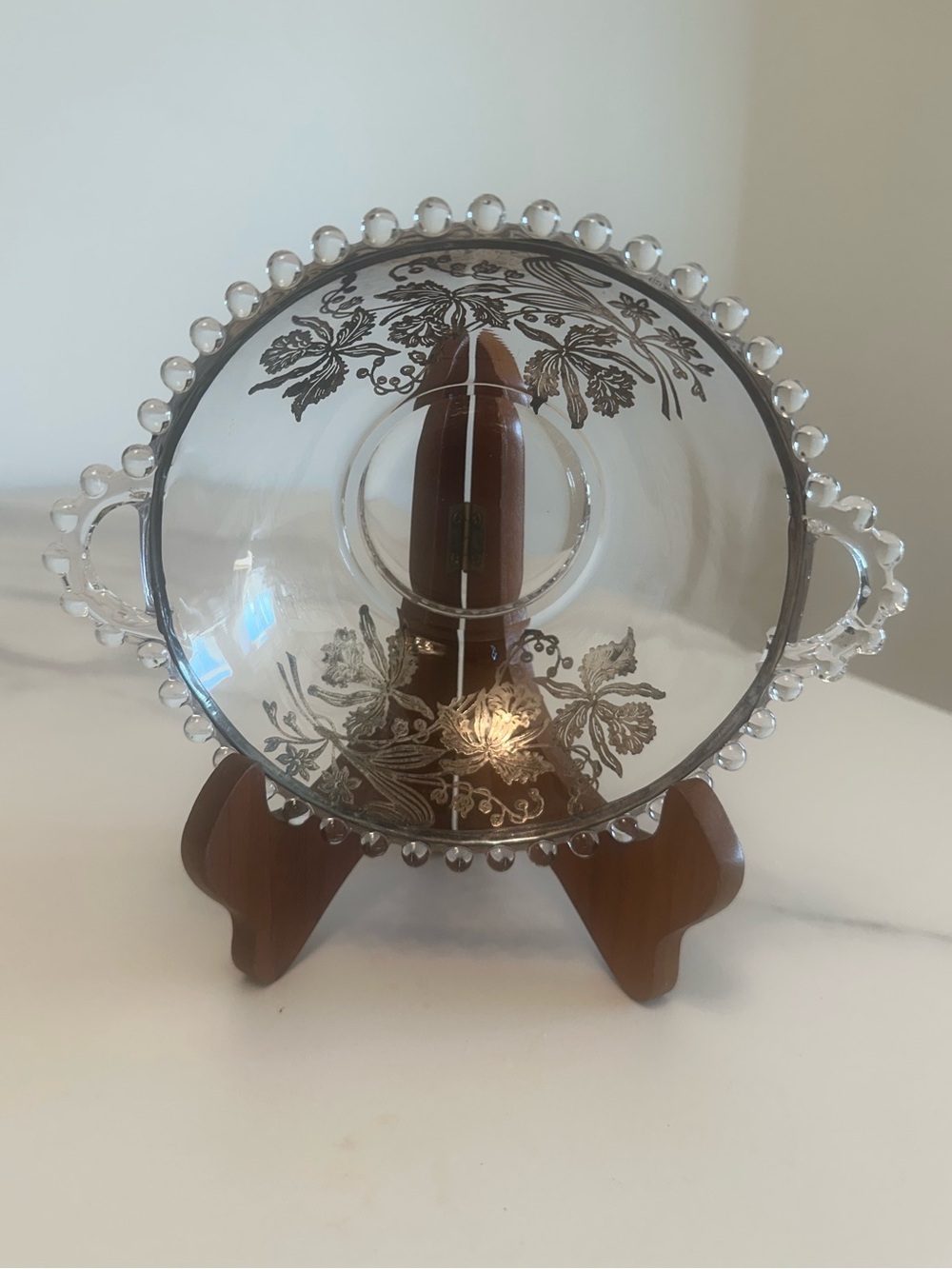 Vintage Imperial Glass Candlewick Sterling Orchid Bowl w/ Floral Design & Beads